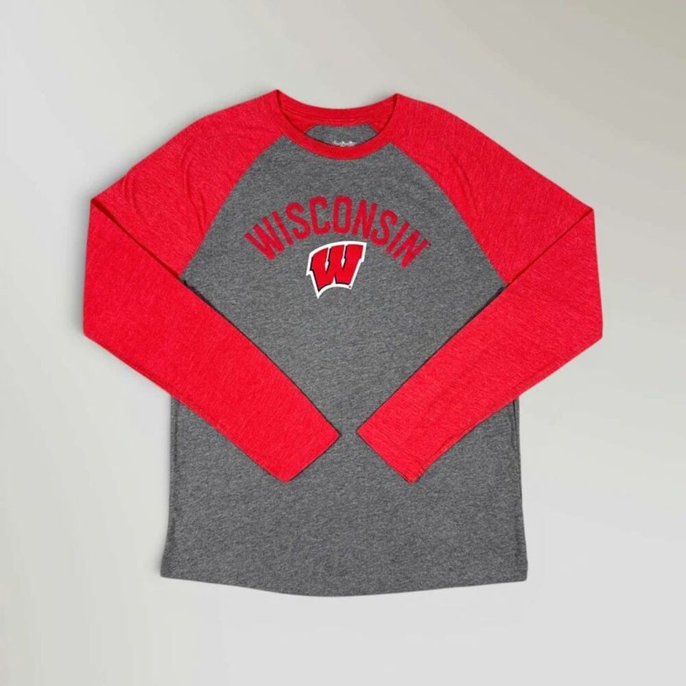 Wisconsin Badgers Men's Long Sleeve Baseball Style T-Shirt Red Gray Size Lrg